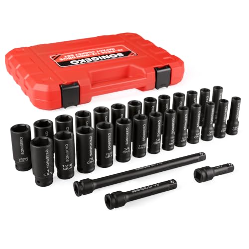 29-Piece 1/2" Drive Impact Socket Set，(3/8"-1", 10mm-24mm) - size: 29 PCS, 1/2" Socket Set, Metric & SAE