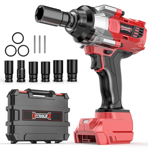 DIYtoolifz Cordless Impact Wrench 1/2 inch Compatible with Milwaukee 18V Battery, 1000 FT-LBS(1360N.m) Electric Impact Gun, High Torque Power Impact Driver with 6Pcs Sockets & Storage Case (Tool Only) - color: Red & Black
