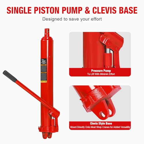 BIG RED Hydraulic Long Ram Jack 3 Ton Heavy Duty Engine Hoist Cylinder with Clevis Base & Single Piston Pump - Professional Hydraulic Ram Cylinder for Garage Repair, Auto Shop, Farm Equipment - style: 3 Ton/NEW VERSION