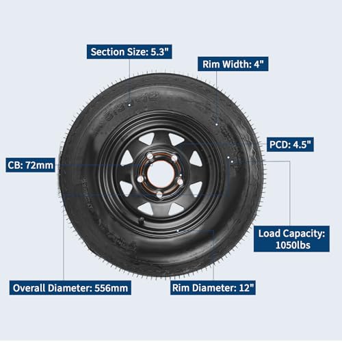 Heavy Duty 2-Pack 5.30-12 Trailer Tires & Black 12" Steel Wheels – 6PR Load Range C, All-Weather, 5 Lug 4.5" Bolt Design, Easy Assembly for Utility/Boat/Camper/Cargo Trailers - size: 5.30-12 5 lug