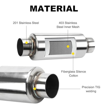 2.5" Inlet & Outlet Universal Muffler with Clamp, 12" Overall Length Stainless Steel Resonator - size: 2.5 inch