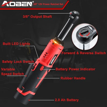 AOBEN 3/8" 40 Ft-lbs Cordless Electric Ratchet Wrench Kit with Variable Speed, Lithium Batteries - color: Cherry Red