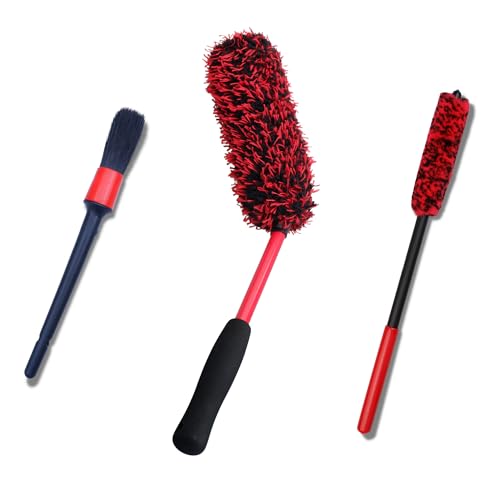 oesee Wheel Brush Kit 3 Pack- Microfiber Wheel Brush, Wheel Barrel Brush, Detailing Brush Scratch Free Calipers Wool Spoke Brush Cleans Brake Dust from Barrels& Hard to Reach Areas - color: Red/Black, size: 3-Pack