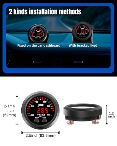 Water Temperature Gauge with 1/8NPT Sensor & Bracket 300°F Digital LED Display Water Coolant Temperature Gauge for Cars Trucks Ships Vehicle Automotive Boat Marine 2”/52mm - color: Red