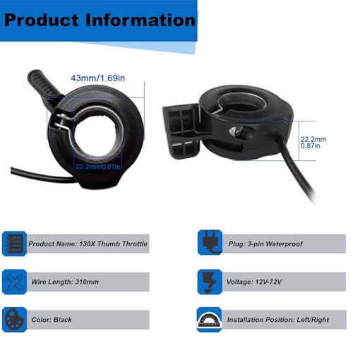 Upgraded 130X Ebike Thumb Throttle, 12V-72V Waterproof 3 Pin Ebike Throttle