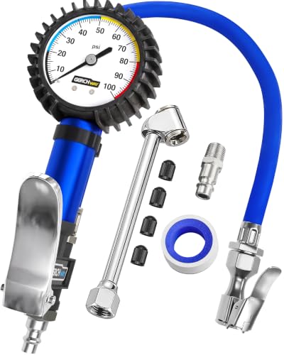 Tire Inflator with Pressure Gauge — Air Chuck with Gauge for Air Compressor - color: Blue (White Dial)