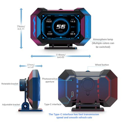 OBD2 Gauge Car HUD Head Up Display Multifunction Digital,Car Speedometer Tachometer Water Temperature Oil Temperature Volt Inclinometer Boost Gauge RPM Meter fit for Most Vehicles After 2008