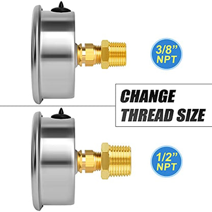MEANLIN MEASURE 0~40Psi Stainless Steel 1/4" NPT 2.5" FACE DIAL Liquid Filled Pressure Gauge WOG Water Oil Air, Cencter Back Mount, with 1/2" NPT and 3/8" NPT Hex Bushing - size: 0-40Psi