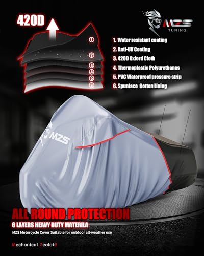 MZS Motorcycle Cover Waterproof Outdoor, Heavy Duty All Season Weather Sun Protection with Storage Bag Vents Night Reflective Cotton Lining Lock Holes fits up to 104" Motorcycles Vehicle Covers