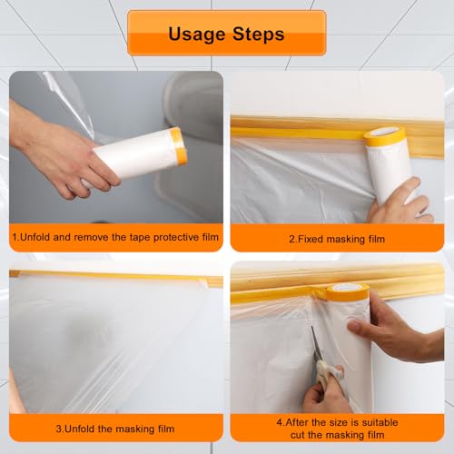 Pre-Taped Masking Film 79 In x 65 ft (6 Rolls) Tape and Drape for Painting - size: 79in x 65Ft