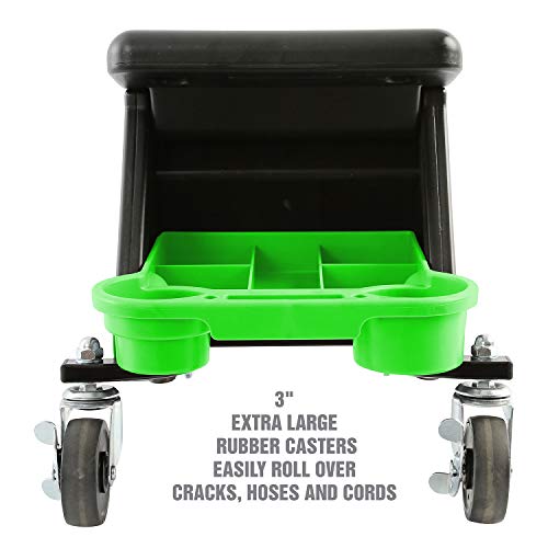 OEMTOOLS 24986 Heavy-Duty Rolling Workbench and Creeper Seat, Mechanics Stool with Wheels, Creepers, Shop Stools with Wheels, Automotive, Green and Black 300 LB Capacity