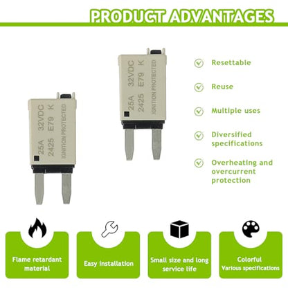 25A DC 12V-32V Manual Reset Circuit Breaker ATM Low Profile T1 Mini Blade Fuses Breakers for Car Trucks Marine Boat RV Solar and More,2 Pack - style: E79-ATM-Manual Reset