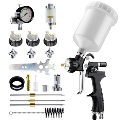 [Upgraded Version] HVLP Air Spray Gun Premium Kit with 1.3/1.5/1.7mm Nozzles, Air Spray Paint Gun with 600cc Capacity Cup & Air Regulator Paint Gun Sprayer for House Painting, Car, Furniture, Fenc - color: Upgraded Version - Black