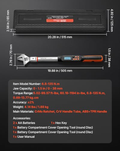 VEVOR Torque Wrench 0-1.5 in Adjustable Jaw Opening Digital Torque Wrench, Open-End Jaw, 4 Display Units, ±2% Accuracy, LCD Screen, with Buzzer and LED Indicator, for Pipe and Automotive Repair - size: 1-1/2"