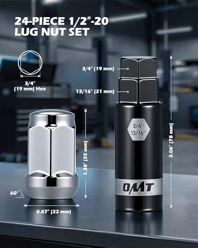 OMT 1/2"-20 Lug Nuts with Cone Seat, 24pcs Lug Nuts Set with 1 Socket Key - color: Silver, size: 1/2"-20, style: 24Pcs 1.38"Long
