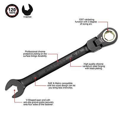 STARWORK TRUE MECHANIC™ 5-Piece 2-in-1 Flex-Head Ratcheting Wrench Set with Rolling Pouch, 120-Tooth, SAE&Metric - size: 5Pc. 120T Flexible