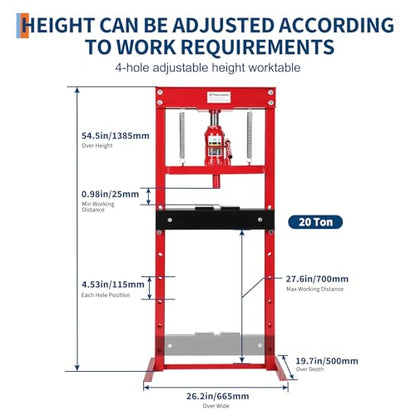 20 Ton Hydraulic Shop Press, H-Frame Garage Floor Adjustable Shop Bearing Press with Stamping Plates to Bend, Straighten, Or Press Parts, Install Bearings & U-Joints