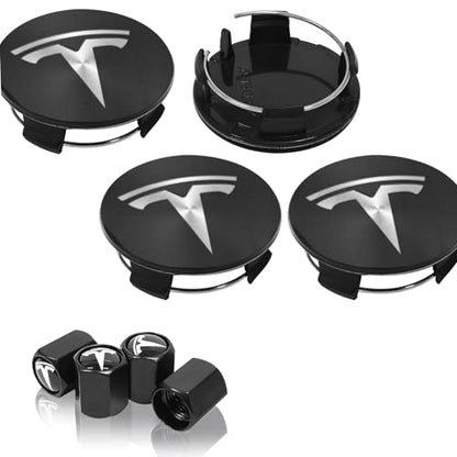 4 Pack Wheel Center Cover for Tesla Model 3 & Model Y,56mm Hubcaps Wheel Rim Cover Tesla Center Caps Hubcaps+4 Car Valve Stem Caps (Matte Black+Silver Emblem) - color: Matte Black+Silver Emblem