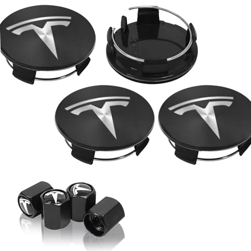 4 Pack Wheel Center Cover for Tesla Model 3 & Model Y,56mm Hubcaps Wheel Rim Cover Tesla Center Caps Hubcaps+4 Car Valve Stem Caps (Matte Black+Silver Emblem) - color: Matte Black+Silver Emblem