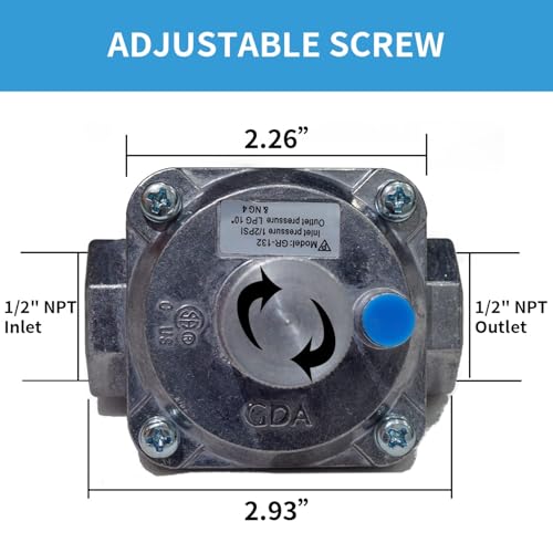 1/2" Natural/Propane Gas Pressure Regulator with 2 Brass Pipe Fittings (1/2" x 1/4"), LPG 10" NG 4" (Outlet Pressure), 1/2 PSI (Inlet Pressure), 13/16" in and Out Opening - size: 1/4