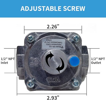 1/2" Natural/Propane Gas Pressure Regulator with 2 Brass Pipe Fittings (1/2" x 1/4"), LPG 10" NG 4" (Outlet Pressure), 1/2 PSI (Inlet Pressure), 13/16" in and Out Opening - size: 1/4