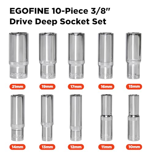 Egofine 10PCS 3/8” Drive Deep Socket Set,Metric Socket Set（10-21mm,6 Point Socket Set With Hanging Bracket,Cr-V Steel - color: 10pc Deep Socket Set, size: 3/8