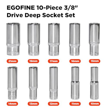 Egofine 10PCS 3/8” Drive Deep Socket Set,Metric Socket Set（10-21mm,6 Point Socket Set With Hanging Bracket,Cr-V Steel - color: 10pc Deep Socket Set, size: 3/8