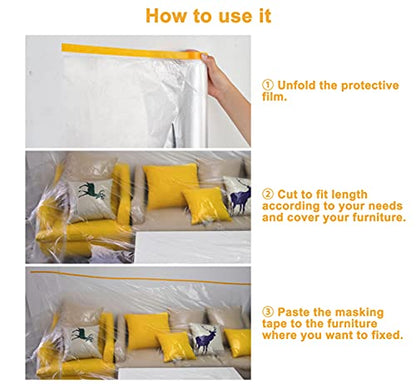 Muf 9 x 65 Feet Plastic Drop Cloth Plastic Sheeting with Masking Tape,Waterproof Protective Masking Film,Prevent Dust Paint for Car,Furniture,Carpet,Floor,1 Pack - size: 9 × 65 feet