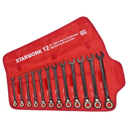 STARWORK TRUE MECHANIC™ 12-Piece 2-in-1 Reversible Ratcheting Wrench Set with Rolling Pouch, 120-Tooth, SAE&Metric - size: 12-Piece 120-Tooth