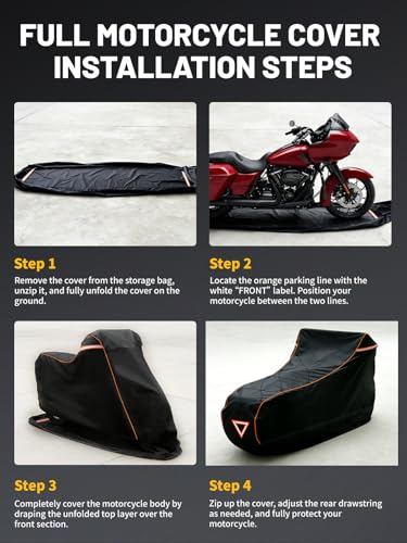 COVERVIN Full Enclosed Motorcycle Cover, 600D Heavy Duty Waterproof Motorcycle Cover, Outdoor UV Protection with Reflective Strips, Fits 108" Harley Honda Yamaha Suzuki, Cruiser, Touring Black - size: XXXL-108"