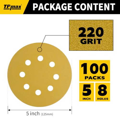 100PCS 5 Inch 220 Grit 125mm 8 Hole Sanding Discs Sandpaper - Premium Gold Round Hook and Loop for Random Orbital Sander - Ideal for Wood, Metal, Automotive - style: 220 Grit - 100 Pack