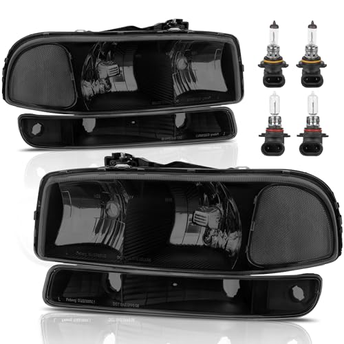 KUIPERAUTO Headlight Assembly Front Lamp Compatible with 1999-2006 GMC Sierra 1500 2500, 2000-2006 GMC Yukon with Black Housing/Smoked Lens/Clear Corner with Bulbs - color: Black/Smoked/Clear