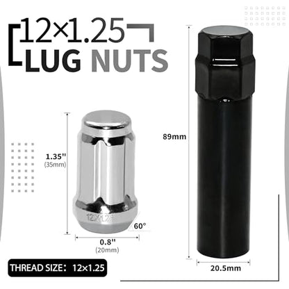 20 PCS M12x1.25 Chrome Lug Nuts, 1.35" Tall Hex Trailer Lug Nuts, 60 Degree Conical Cone Seat with Socket Key, Wheel Lugnuts Compatible with Altima 1993-2022, Maxima 1988-2022 - color: Silver, 20pcs+1 Point Spline, size: M12x1.25