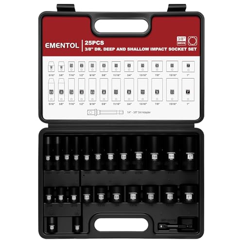 EMENTOL 3/8" Drive Impact Socket Set, 25PCS, SAE(5/16"- 1"), Deep and Shallow, 12 Point, Includes Drill Bit Adapter - size: 3/8" Drive (8-25mm)
