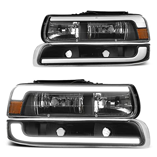 DWVO LED DRL Headlight Assembly Compatible with 1999-2002 Chevy Silverado - color: Black Amber