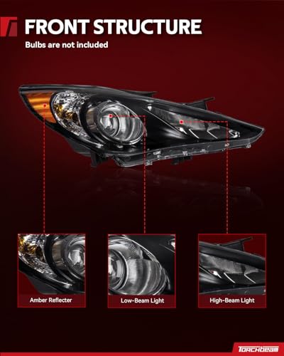 Torchbeam Headlight Assembly, Replacement For 2011-2014 Sonata 2.4L/2.0T - color: Black-Chrome/2011-2014 Sonata