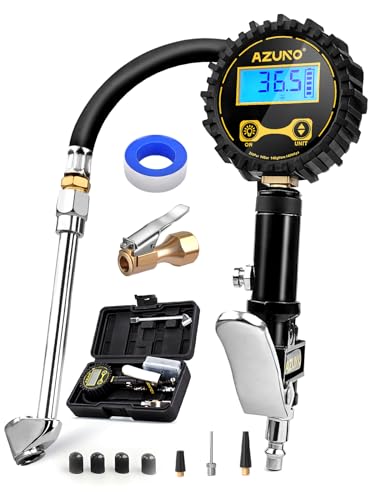 AZUNO Digital Tire Inflator with Pressure Gauge, 200 PSI, Heavy Duty Air Compressor Accessories, with Rubber Hose Lock on Air Chuck and Quick Connect Coupler, Comes with a Portable Carrying Box - size: Standard with Case