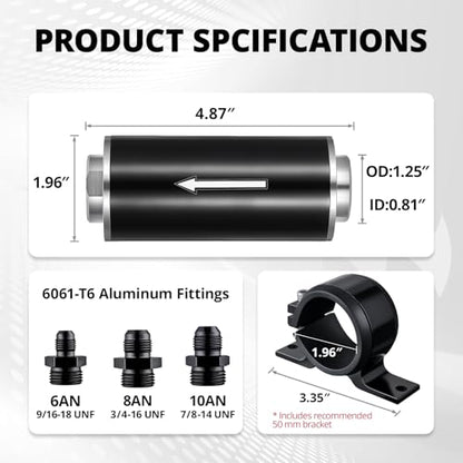 EVIL ENERGY Inline Fuel Filter 100 Micron with 6AN 8AN 10AN Adapter&Bracket Clamp 50MM Universal