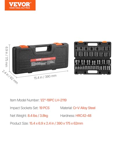 VEVOR Impact Drive Socket Set 1/2 Inches 19 Piece Impact Sockets SAE, Standard Socket Assortment, (3/8 Inches to 1-1/2 Inches) 6-point Hex Sockets - size: 1/2" 19 PCS