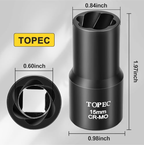 Topec 15mm Lug Nut Remover, Wheel Lock Removal Kit for Stripped Bolt & Rounded Nut, 1/2" Drive - style: 15MM