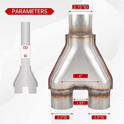 Y Pipe 2.75''ID Inlet Dual 2.5''ID Outlet Exhaust Adapter Connector - size: 2.75" Single to 2.5" Dual