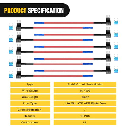 Nilight Fuse Holder Add-a-circuit Fuse TAP Adapter Mini ATM APM Blade Fuse Holder-10 Pack , 2 years Warranty - color: 10Pcs Mini
