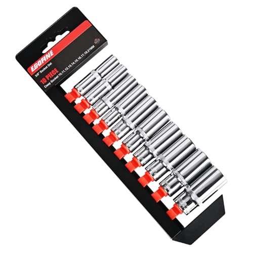 Egofine 10PCS 3/8” Drive Deep Socket Set,Metric Socket Set（10-21mm,6 Point Socket Set With Hanging Bracket,Cr-V Steel - color: 10pc Deep Socket Set, size: 3/8