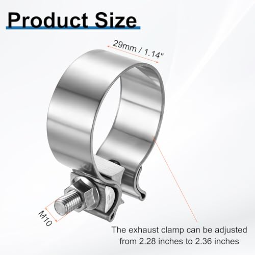 HARFINGTON 2pcs 410 Stainless Steel Exhaust Clamp 2.36" Butt Joint Narrow Band Muffler Seal Exhaust Narrow Lap Butt Clamps for Pipes Mufflers Converters System Repair, Silver - size: Range 60-68 mm, Band Width 29mm