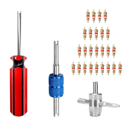 28PCS Tire Valve Core Removal Tool Kit, Dual & Single Head Remover Installer 4-Way Tool w/ 25 Brass Valve Cores, Tire Stem Removal & Installation Tools for Car Truck Motorcycle - color: 28 PCS