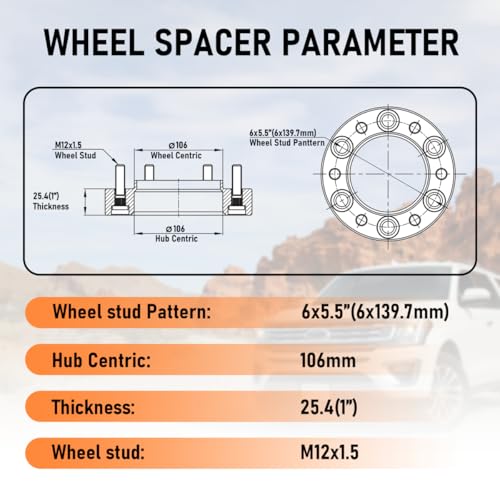 AParts 1inch 6x5.5 (6x139.7mm) Hub Centric Wheel Spacers - 4Pcs Aluminum Tire Spacer for Tacoma, 4Runner Tundra Fortuner, FJ Cruiser - 25.4mm, 106mm Hub Bore, M12x1.5 Studs - size: 1"-6x5.5-106mm-M12x1.5