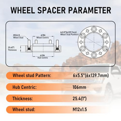 AParts 1inch 6x5.5 (6x139.7mm) Hub Centric Wheel Spacers - 4Pcs Aluminum Tire Spacer for Tacoma, 4Runner Tundra Fortuner, FJ Cruiser - 25.4mm, 106mm Hub Bore, M12x1.5 Studs - size: 1"-6x5.5-106mm-M12x1.5