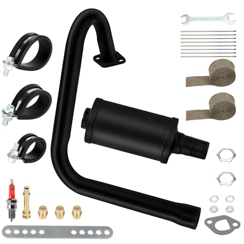 Long Exhaust Pipe with Muffler Compatible with Predator 212cc 196cc Coleman CT200U BT200X Axis M200 Mini Bike 6.5hp GX160 GX200 Clone Engine KT196 Go Kart with Heat Shield Tape Main Jet Kit - color: Black