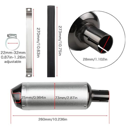 1.1" Motorcycle Slip On Muffler,28mm Universal Muffler Exhaust Slip on Exhaust Pipe Clamp Pipe For Dirt Bike Street Bike Scooter ATV Racing - color: Silver