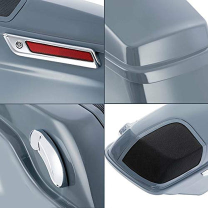 TCT-MOTORPARTS 4" Extended Hard Saddlebags Gunship Gray Saddle bags Fit for Harley CVO Touring Models FLT, FLHT, FLHTCU, FLHRC, Road King, Road Glide, Street Glide, Electra Glide 2014-2024 - color: Gunship Grey w/ Chrome Latches
